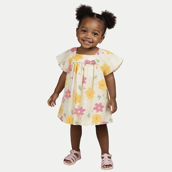 VESTIDO ALAKAZOO MANGA CURTA ALGODÃO E ELASTANO ESTAMPADO CREME FEMININO INFANTIL