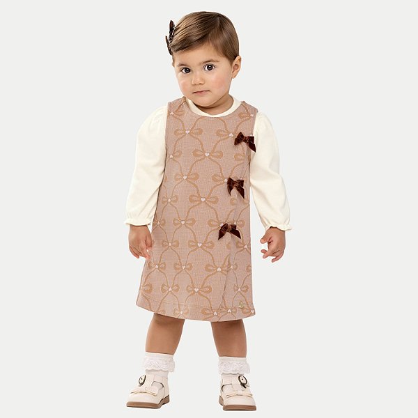 VESTIDO ANGERO REGATA MALHA COM BLUSA MANGA LONGA BEGE FEMININO INFANTIL