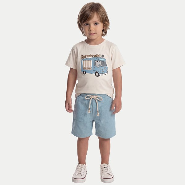 CONJUNTO VERÃO BY GUS BERMUDAE CAMISETA MANGA CURTA MALHA OFFWHITE MASCULINO INFANTIL