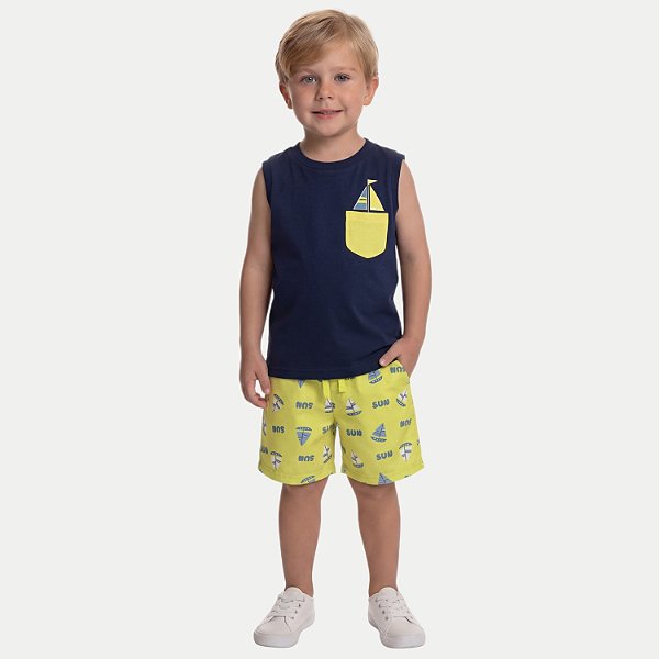 CONJUNTO VERÃO BY GUS BERMUDA E CAMISETA REGATA MALHA AZUL MARINHO MASCULINO INFANTIL