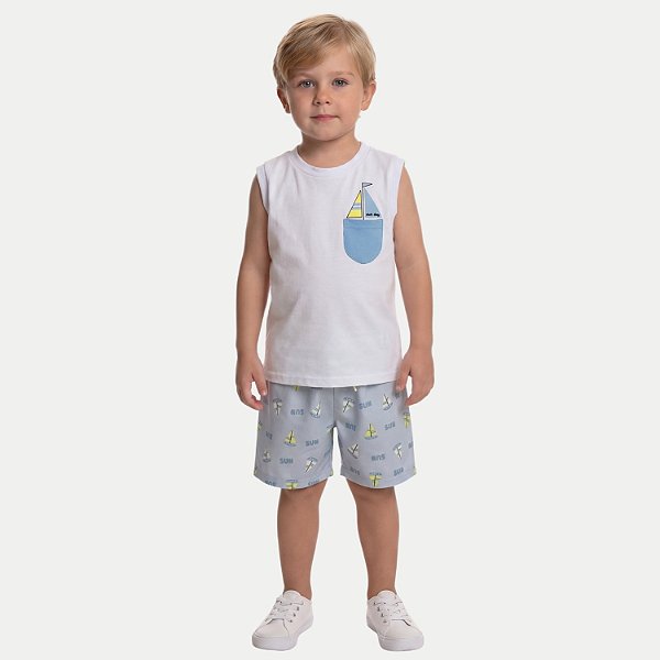 CONJUNTO VERÃO BY GUS BERMUDA E CAMISETA REGATA MALHA BRANCO MASCULINO INFANTIL