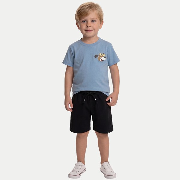 CONJUNTO VERÃO BY GUS BERMUDA E CAMISETA MANGA CURAT MALHA AZUL MASCULINO INFANTIL