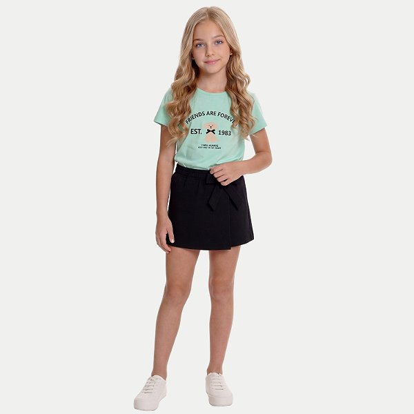 CONJUNTO VERÃO BY GUS SHORT SAIA E BLUSA MANGA CURTA MALHA VERDE ÁGUA FEMININO INFANTIL