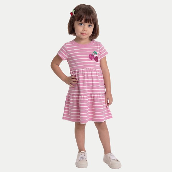 VESTIDO BY GUS MANGA CURTA MALHA LISTRADO ROSA FEMININO INFANTIL