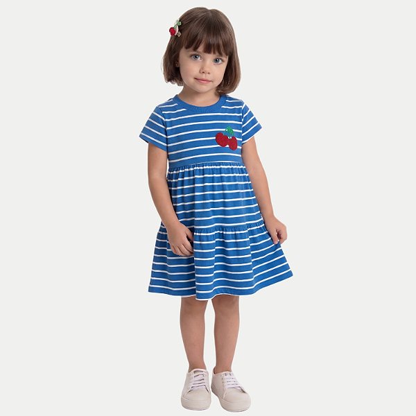 VESTIDO BY GUS MANGA CURTA MALHA LISTRADO AZUL ROYAL FEMININO INFANTIL