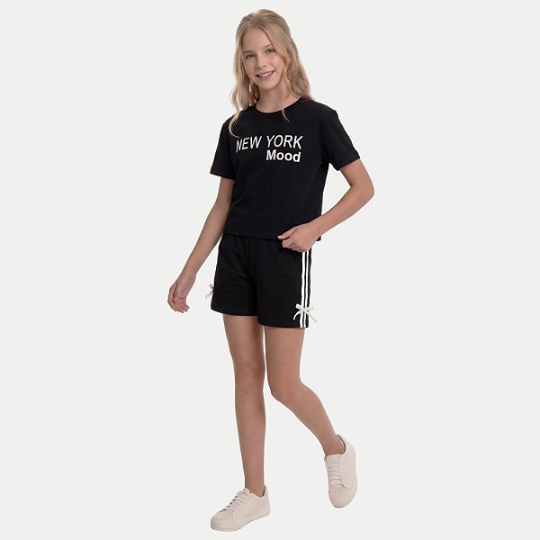 CONJUNTO VERÃO BY GUS SHORT E BLUSA MANGA CURTA MOLETINHO PRETO FEMININO INFANTIL