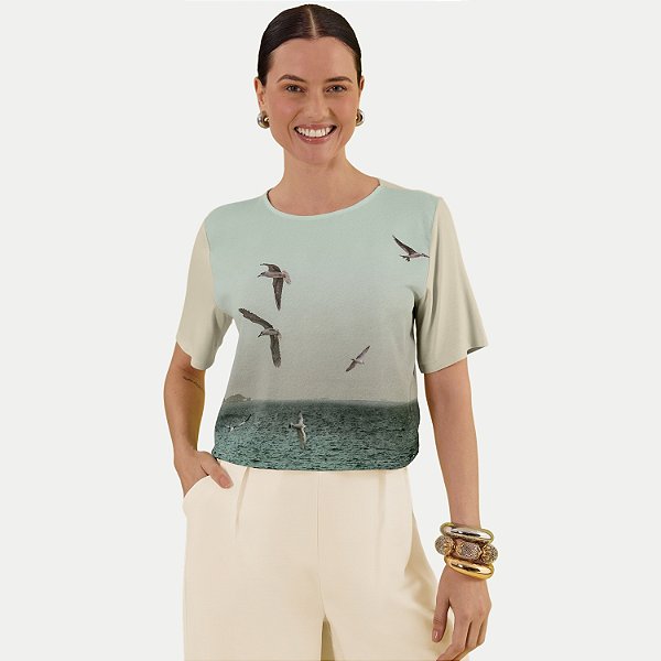 BLUSA LUNENDER MANGA CURTA VISCOSE E ELASTANO ESTAMPADA BEGE FEMININO ADULTO