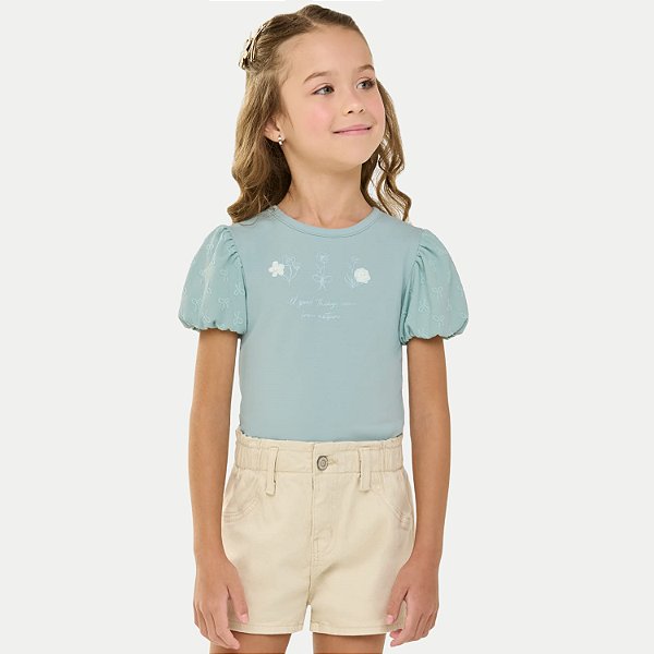 BLUSA ANGERO MANGA CURTA MALHA BORDADA AZUL PASTEL FEMININO INFANTIL