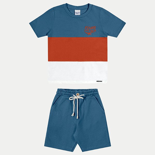 CONJUNTO VERÃO ANGERO BERMUDA E CAMISETA MANGA CURTA MALHA AZUL MASCULINO INFANTIL