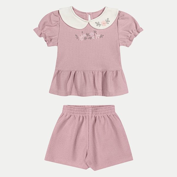 CONJUNTO VERÃO ANGERO SHORT E BLUSA MANGA CURTA MALHA ROSA FEMININO INFANTIL