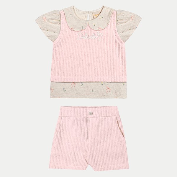 CONJUNTO VERÃO ANGERO SHORT E BLUSA MANGA CURTA MALHA ROSA FEMININO INFANTIL