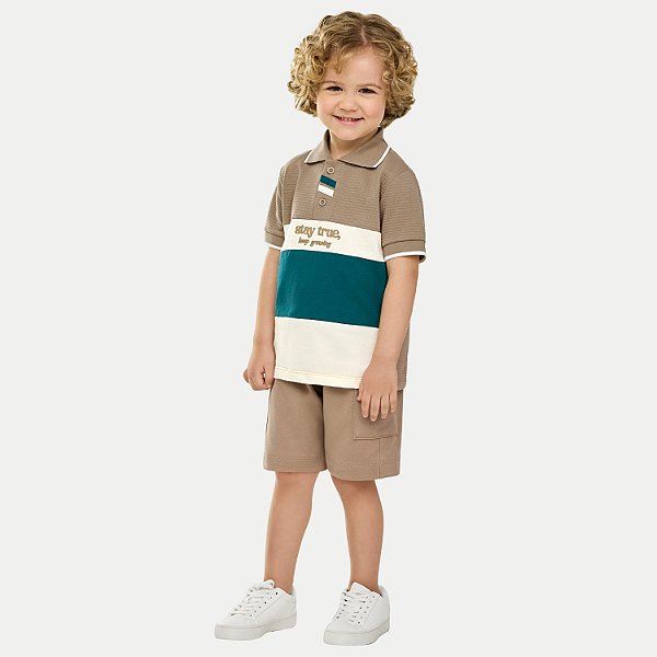CONJUNTO VERÃO ANGERO BERMUDA E POLO MANGA CURTA MALHA BEGE MASCULINO INFANTIL