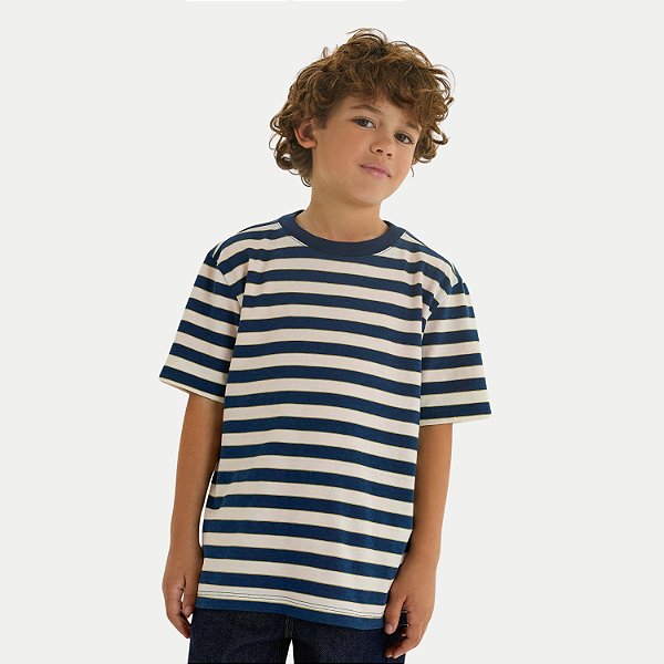 CAMISETA HERINGKIDS MANGA CURTA COMFORT ALGODÃO LISTRADA AZUL MARINHO MASCULINO INFANTIL