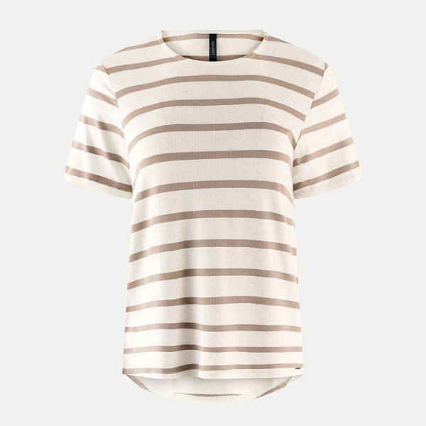 BLUSA LUNENDER MANGA CURTA MALHA LINHO LISTRADA BEGE FEMININO ADULTO