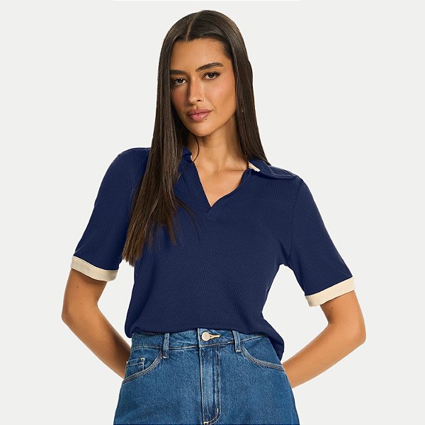 BLUSA DOCE TRAMA MANGA CURTA VICOLAYCRA AZUL MARINHO FEMININO ADULTO
