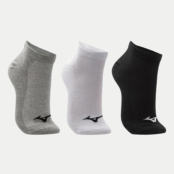 MEIA MIZUNO SOQUETE CANO CURTO KIT COM 3 PARES CINZA BRANCO E PRETO UNISEX ADULTO
