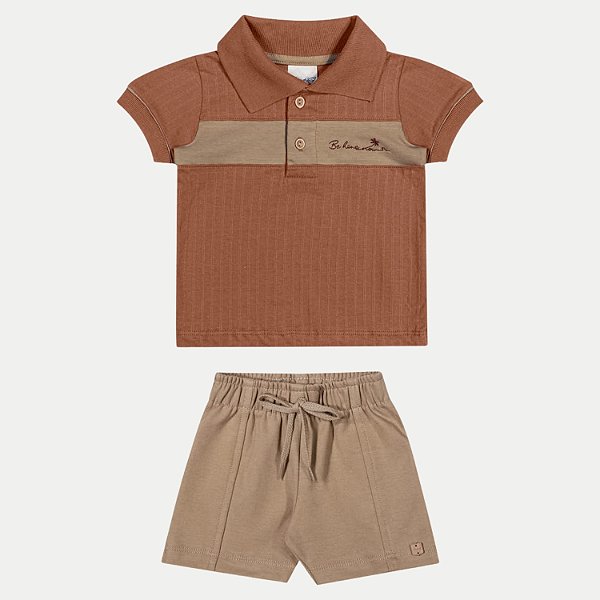 CONJUNTO VERÃO ANGERO BERMUDA E POLO MANGA CURTA MALHA BEGE MASCULINO INFANTIL