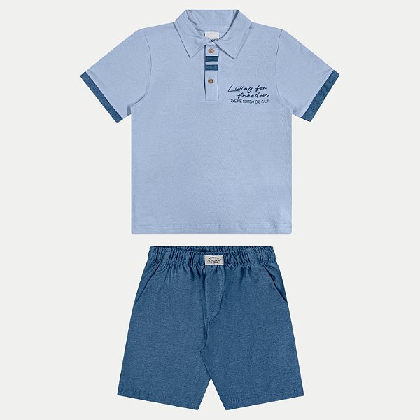 CONJUNTO VERÃO ANGERO BERMUDA E POLO MANGA CURTA MALHA AZUL PASTEL MASCULINO INFANTIL