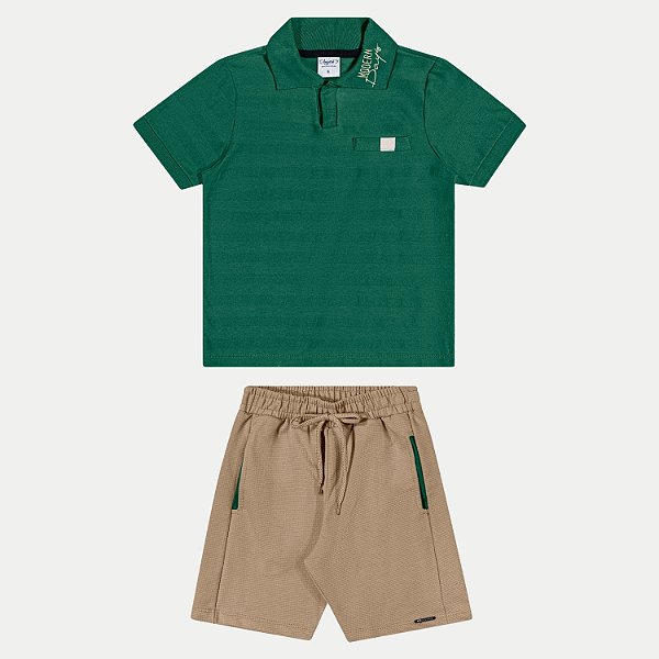 CONJUNTO VERÃO ANGERO BERMUDA E POLO MANGA CURTA MALHA VERDE MASCULINO INFANTIL