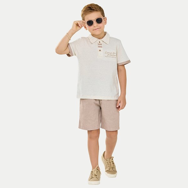 CONJUNTO VERÃO ANGERO BERMUDA/POLO MANGA CURTA MALHA OFFWHITE MASCULINO INFANTIL