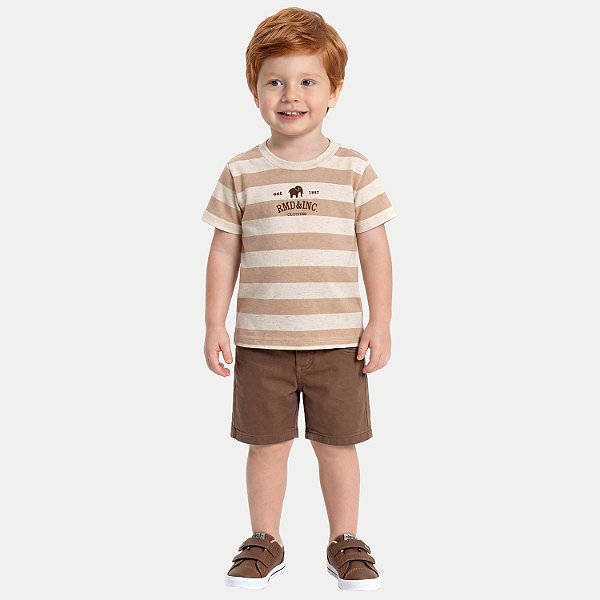 CAMISETA RANDA MUNDU MANGA CURTA COMFORT ALGODÃO LISTRADA BEGE MASCULINO INFANTIL