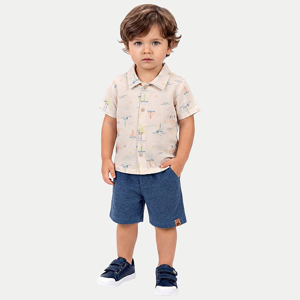 CONJUNTO VERÃO RANDA MUNDU BERMUDA E CAMISA MANGA CURTA MALHA AZUL MASCULINO INFANTIL