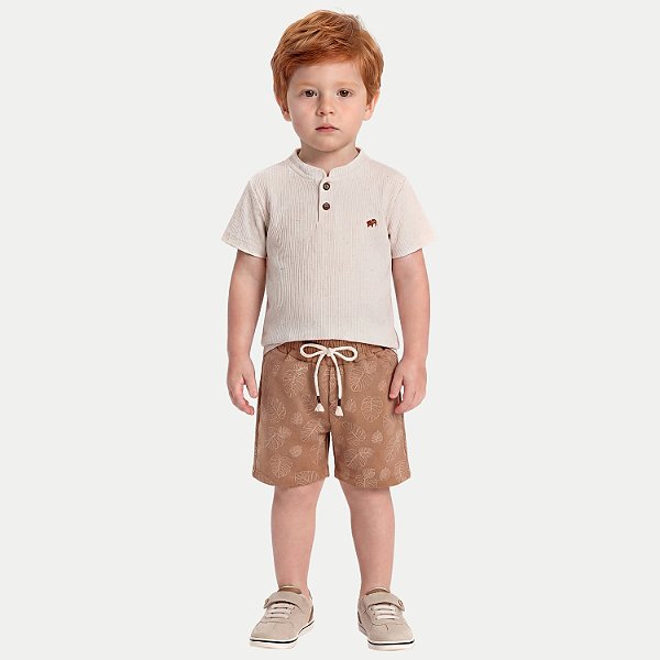 CONJUNTO VERÃO RANDA MUNDU BERMUDA E CAMISETA MANGA CURTA MALHA MARROM MASCULINO INFANTIL