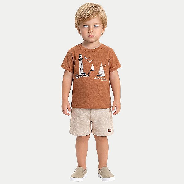 CONJUNTO VERÃO RANDA MUNDU BERMUDA E CAMISETA MANGA CURTA MALHA BEGE MASCULINO INFANTIL