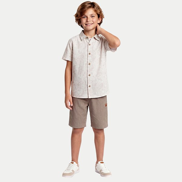 CONJUNTO VERÃO RANDA MUNDU BERMUDA E CAMISA MANGA CURTA MALHA CINZA MASCULINO INFANTIL