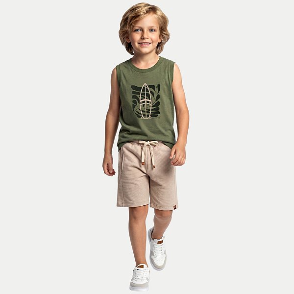 CONJUNTO VERÃO RANDA MUNDU BERMUDA E CAMISETA REGATA VERDE MASCULINO INFANTIL