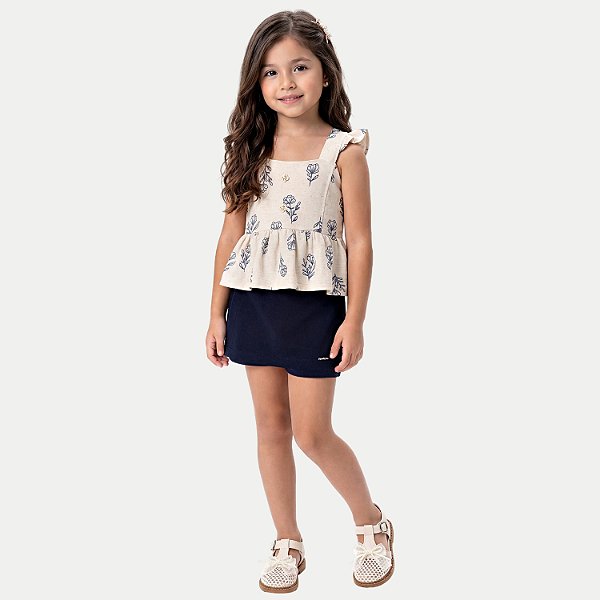 CONJUNTO VERÃO RANDA MUNDU SHORT SAIA E BLUSA REGATA AZUL E OFFWHITE FEMININO INFANTIL