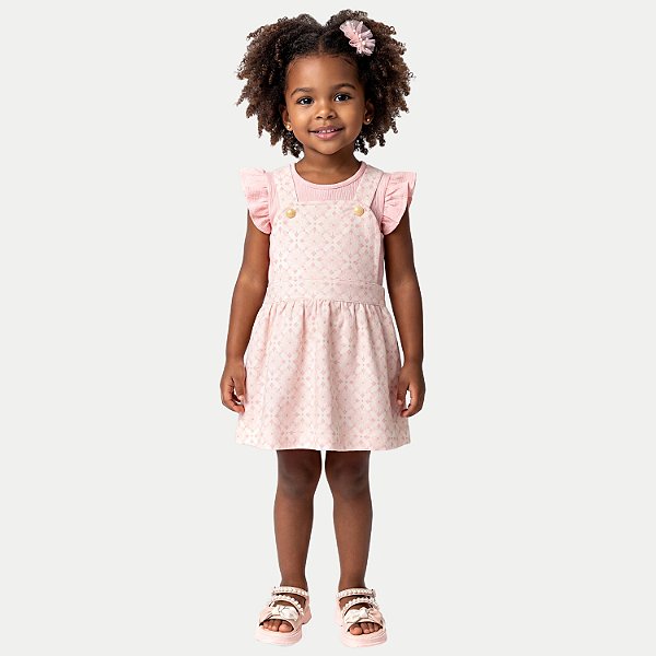 CONJUNTO VERÃO RANDA MUNDU SALOPETE E BLUSA MANGA CURTA MALHA  ROSA FEMININO INFANTIL