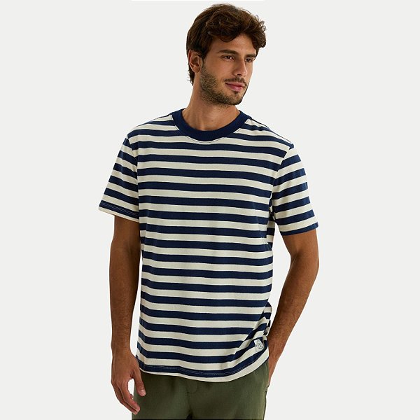 CAMISETA HERING MANGA CURTA COMFORT ALGODÃO LISTRADA AZUL MARINHO MASCULINO ADULTO