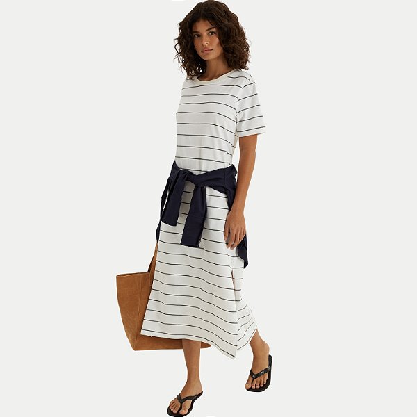 VESTIDO HERING MANGA CURTA MALHA LISTRADO MIDI OFFWHITE FEMININO ADULTO
