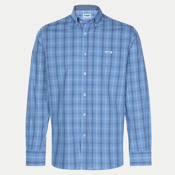 CAMISA WRANGLER MANGA LONGA COMFORT ALGODÃO XADREZ AZUL MASCULINO ADULTO