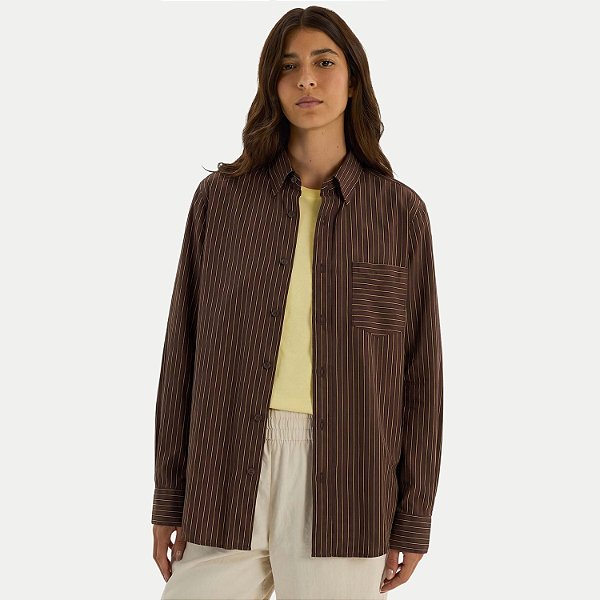CAMISETE HERING MANGA LONGA COMFORT ALGODÃO LISTRADA MARROM FEMININO ADULTO