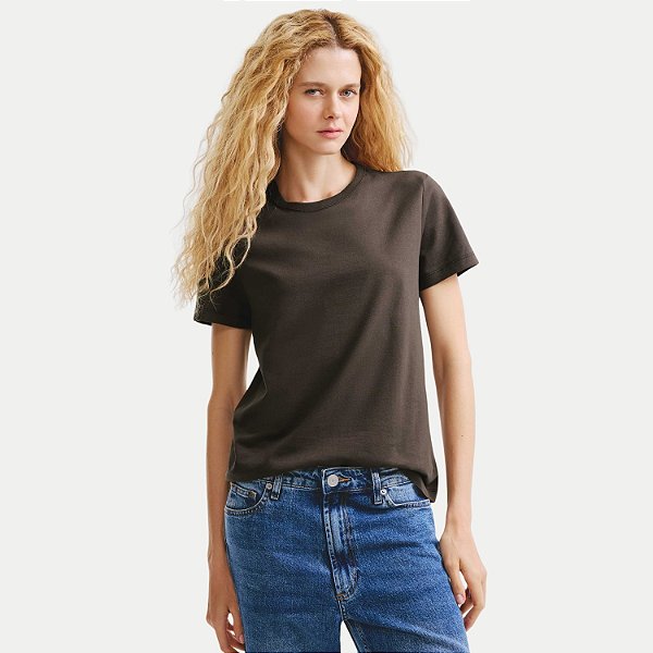 BLUSA HERING MANGA CURTA TSHIRT ALGODÃO LISA MARROM FEMININO ADULTO