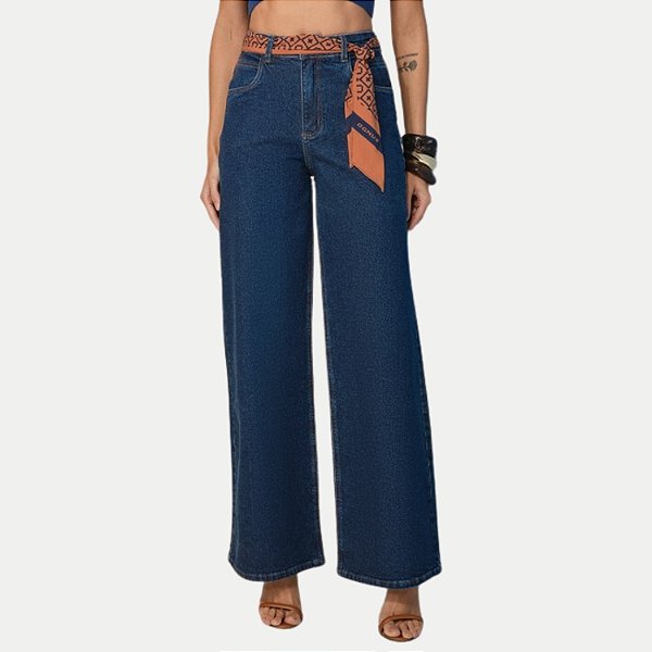 CALÇA OGNUS JEANS ESCURO COM ELASTANO WIDE LEG FEMININO ADULTO