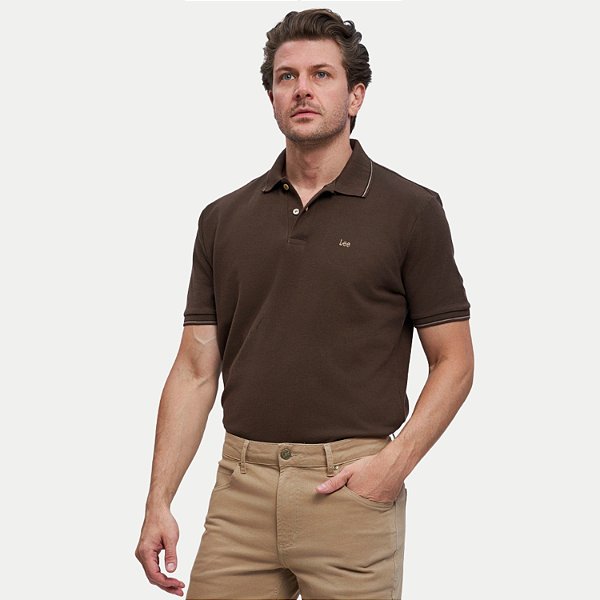 POLO LEE MANGA CURTA SLIM PIQUET MARROM MASCULINO ADULTO