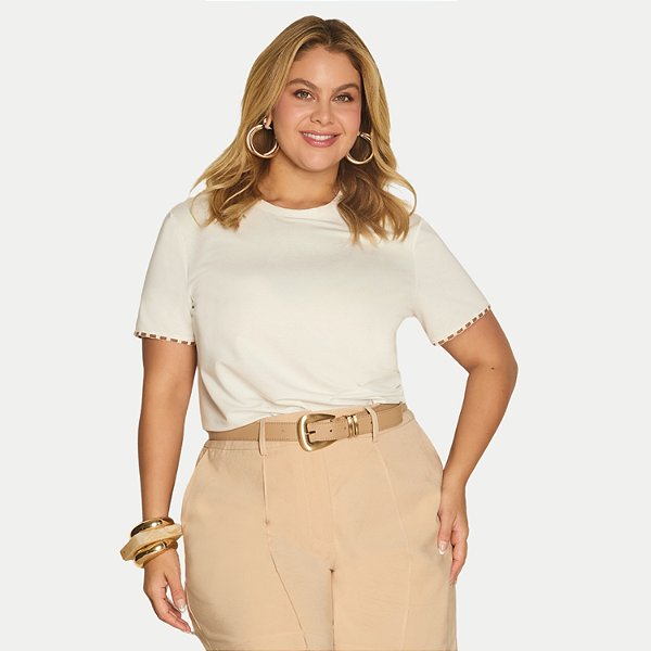 BLUSA LUNENDER MANGA CURTA MAIS MULHER MALHA OFFWHITE FEMININO ADULTO
