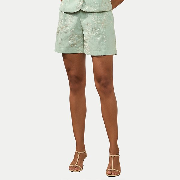 SHORT DOCE TRAMA LINHO ALFAIATARIA BORDADA VERDE ÁGUA FEMININO ADULTO