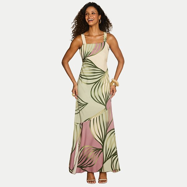 VESTIDO LUNENDER REGATA VISCOSE ESTAMP LONGO VERDE FEMININO ADULTO