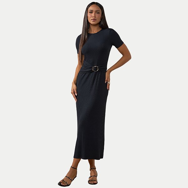 VESTIDO DOCE TRAMA MANGA CURTA MALHA CANELADO PRETO FEMININO ADULTO