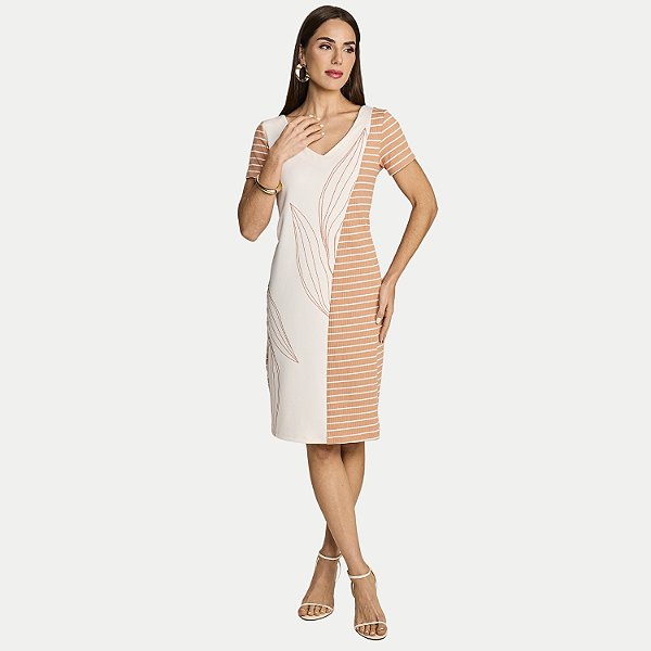 VESTIDO MIRA VEST MANGA CURTA MISTO ESTAMPADO BEGE FEMININO ADULTO