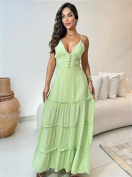 Vestido Longo Verde Pistache com Alças Finas e Botões