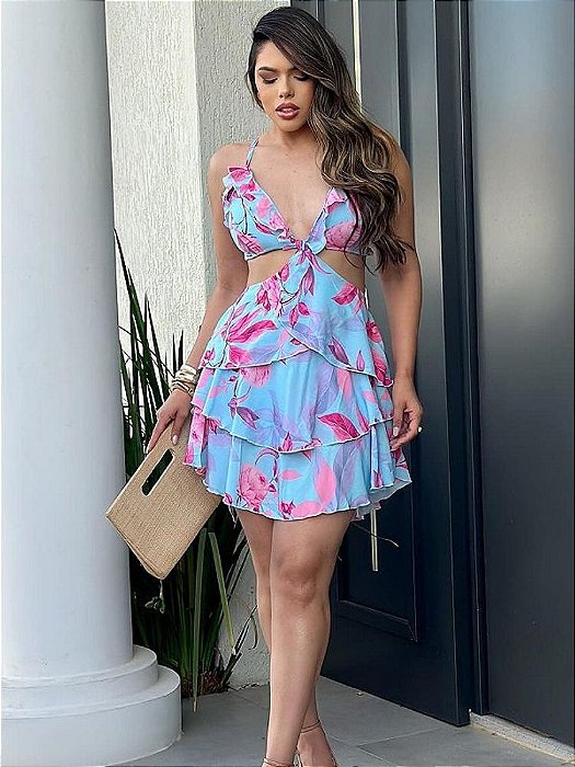 Vestido Curto Estampado com Alças Finas