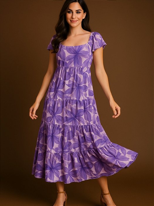 Vestido Feminino Longo Floral Roxo de Verão