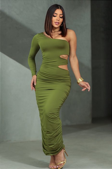 Vestido Um Ombro Só Midi com Recortes e Franzidos