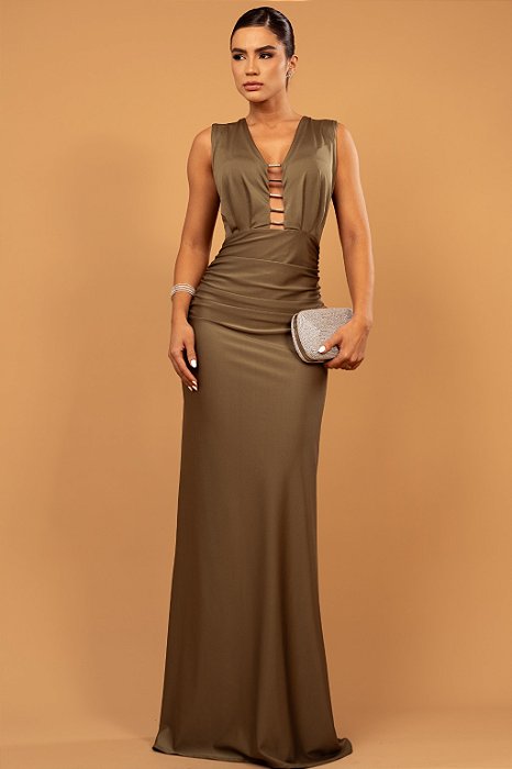 Vestido Longo com Drapeado Lateral e Recorte no Decote