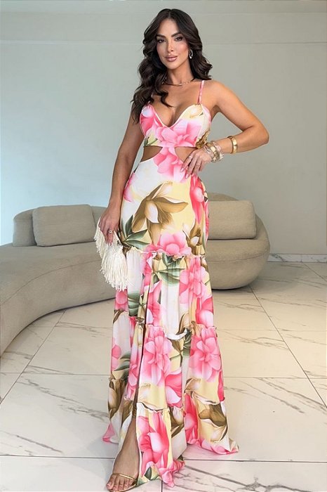 Vestido Longo com Fenda Frontal e Alças Finas